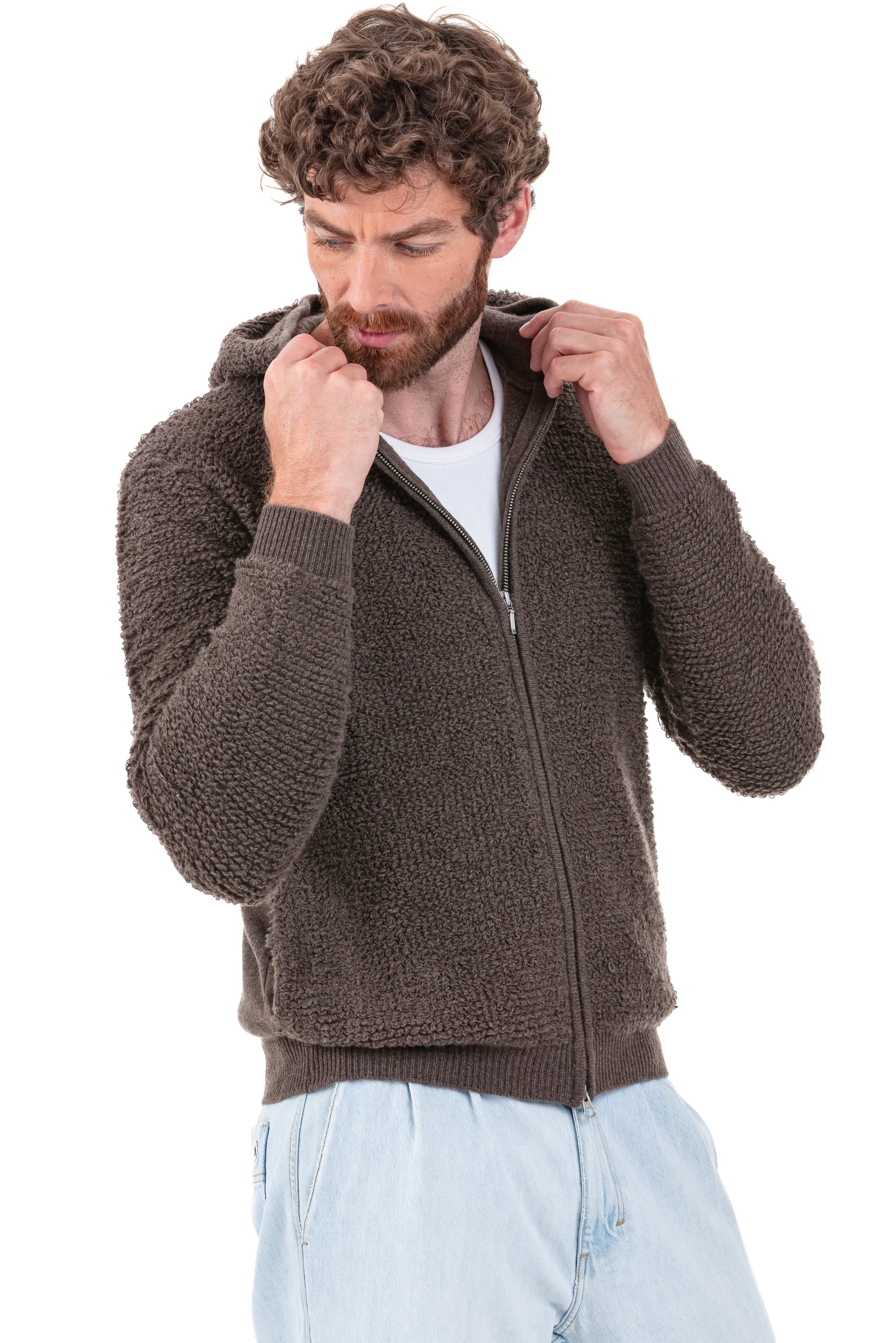 Cashmere cardigan, 100% Cashmere, men, hood, zip fastening, straight cut, long sleeves, chunky / 6 ply and above, , Mahogany