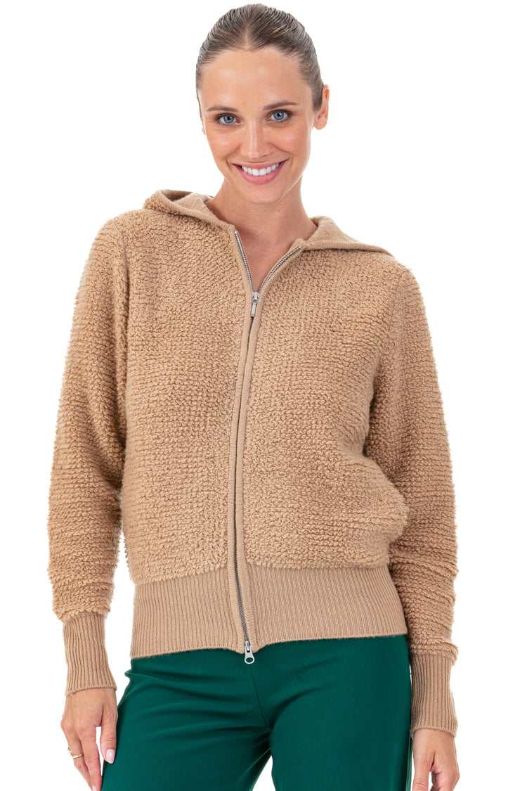 Cashmere cardigan, 100% cashmere, women, hood, zip fastening, straight cut, long sleeves, chunky / 6 plies and more, Mahogany