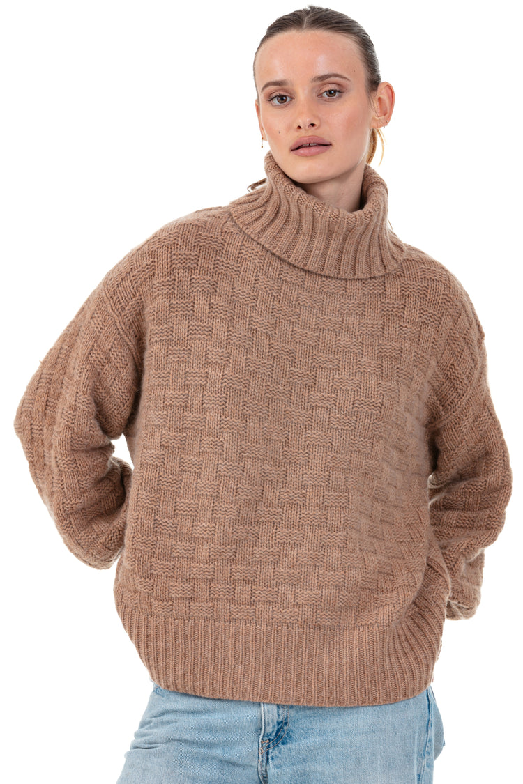 Cashmere jumper, 100% Cashmere, women, roll neck, oversized cut, long sleeves, graphic, chunky / 6 ply and more, cable knit, Mahogany