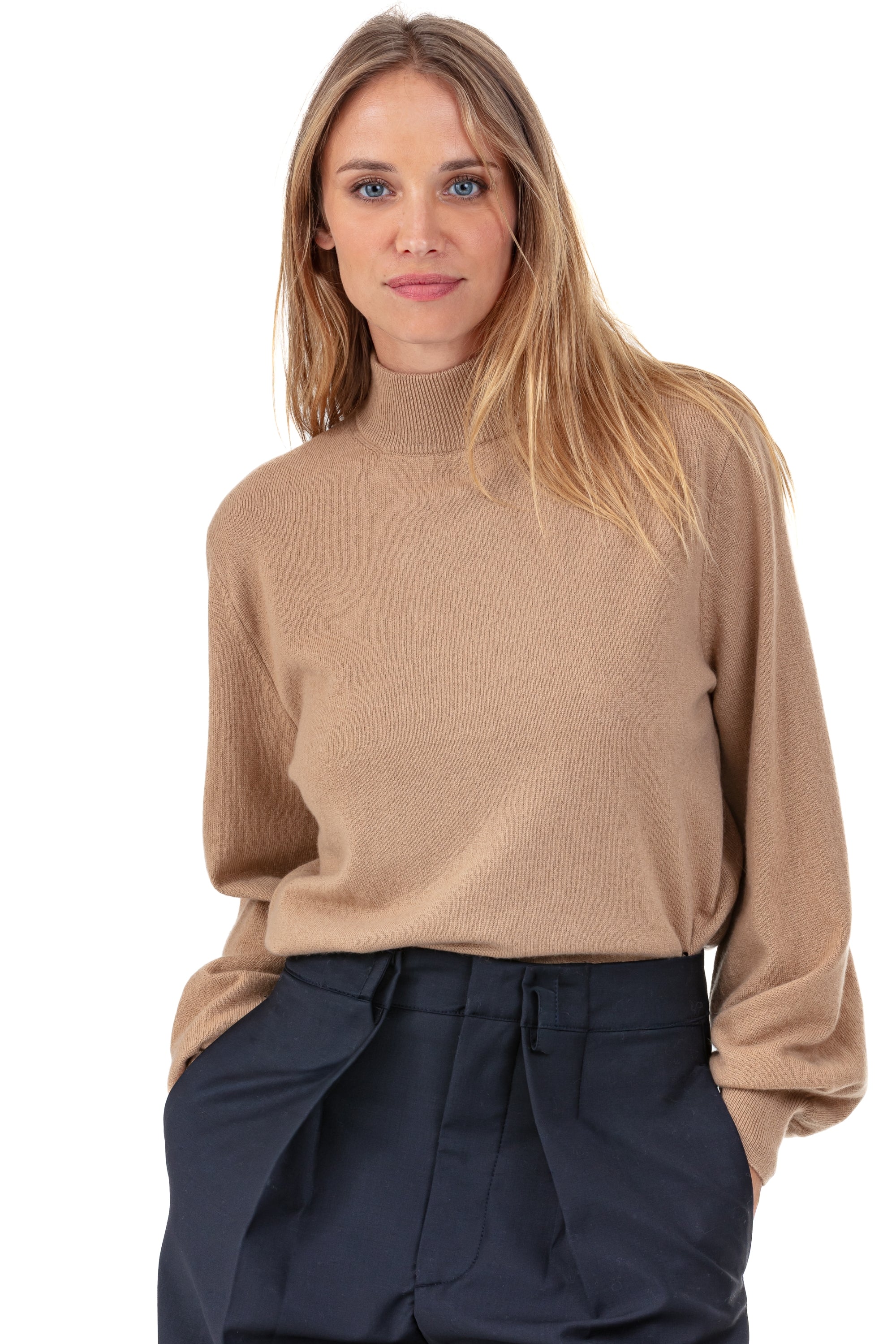 Cashmere jumper, 100% cashmere, women, roll neck / funnel neck, straight cut, balloon sleeves, regular / 2 and 4 ply, regular knit, Mahogany