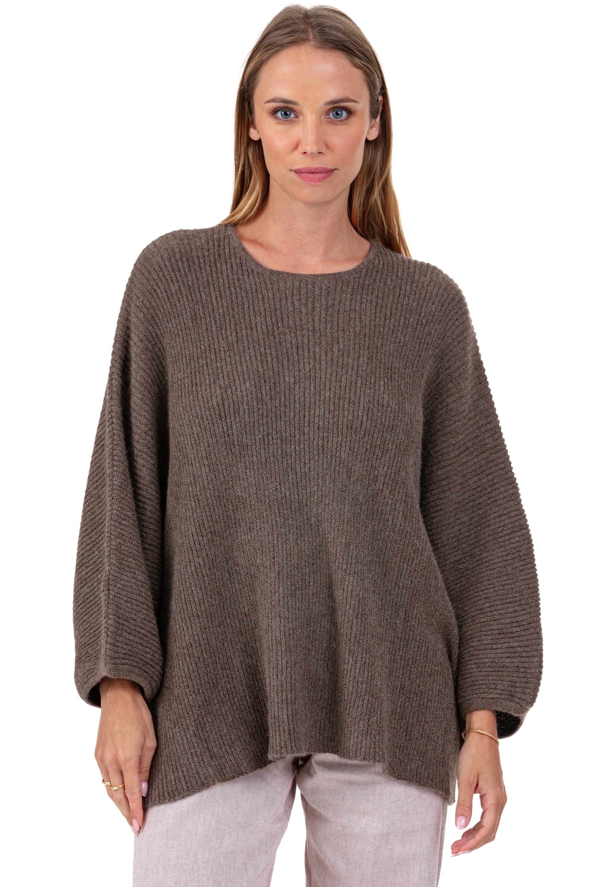 Baby alpaca jumper, 100% Baby Alpaca, women, round neck, oversized fit, three-quarter sleeves, standard / 2 and 4 ply, ribbed, Mahogany