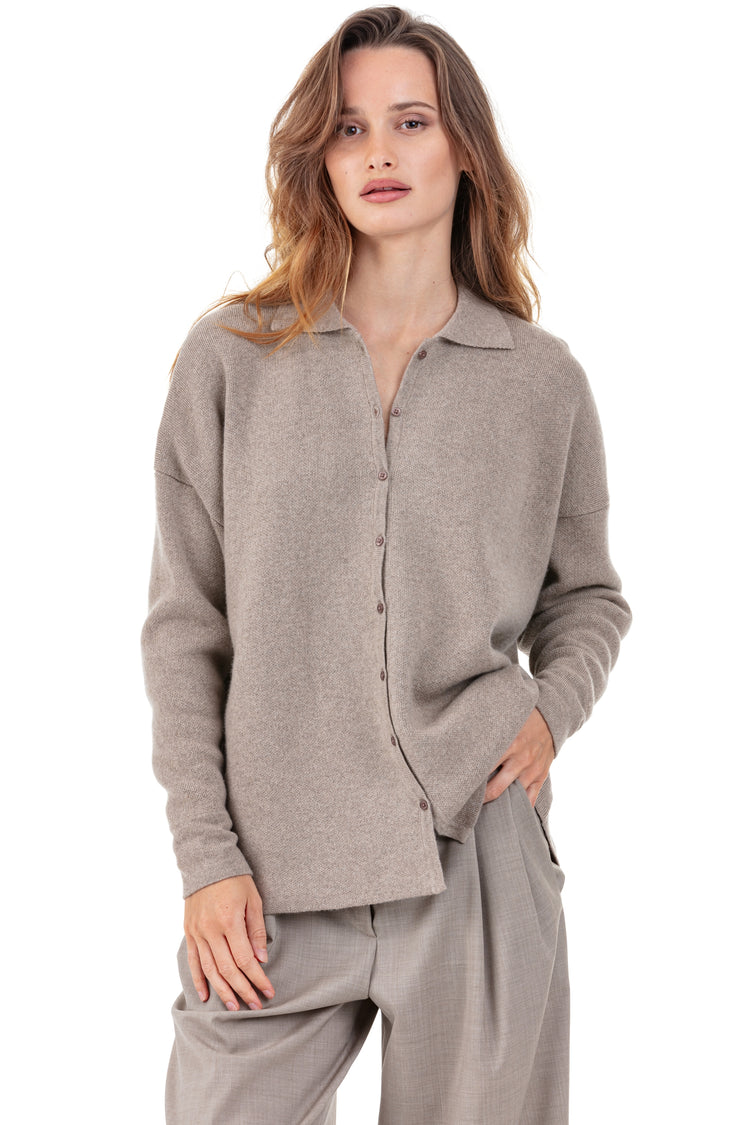 Cashmere cardigan, 100% cashmere, women, polo neck, button fastening, oversized fit, long sleeves, regular / 2 and 4 plies, milano, Mahogany