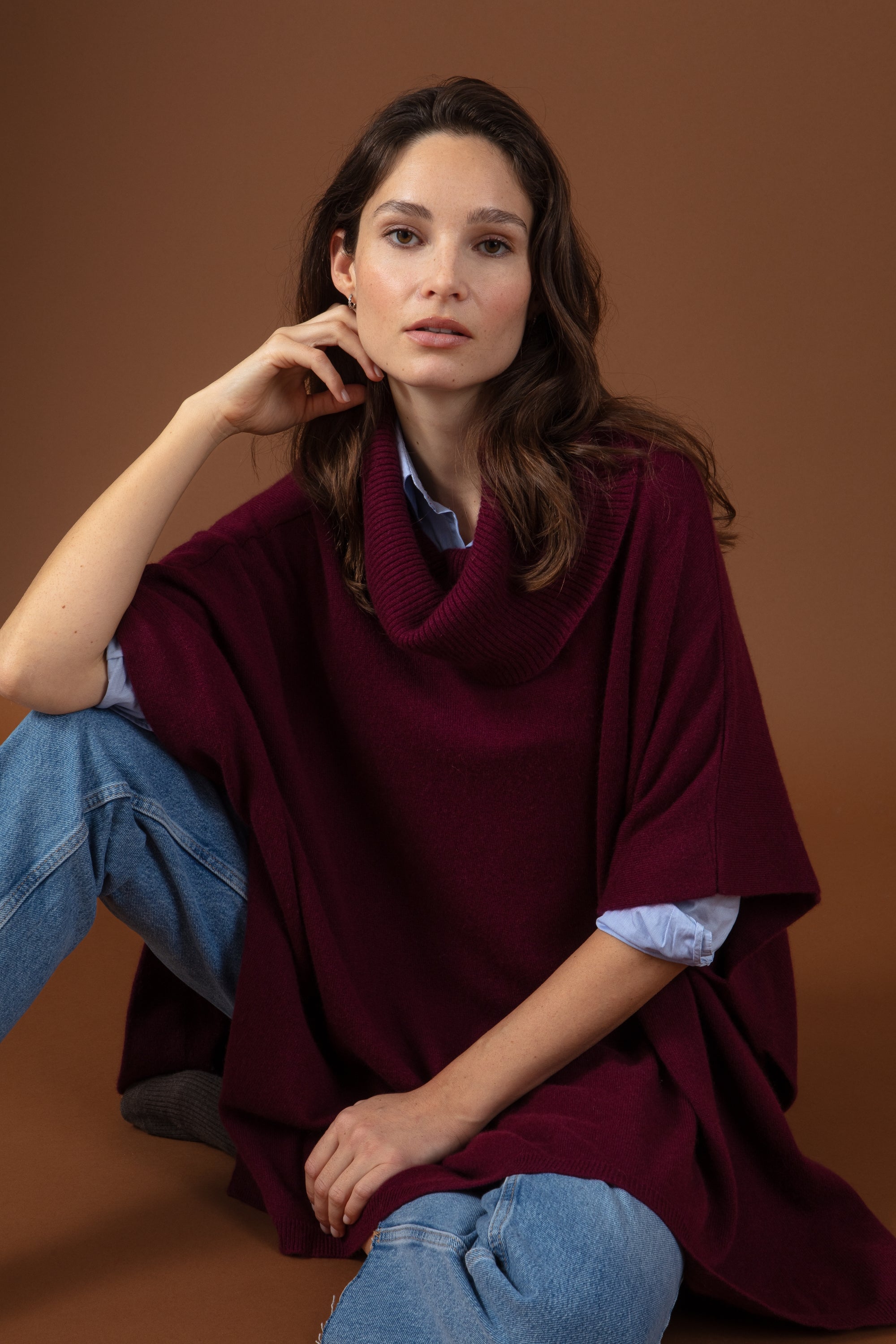 Cashmere jumper, 100% Cashmere, women, roll neck, oversize fit, three-quarter sleeves, fine, , Mahogany