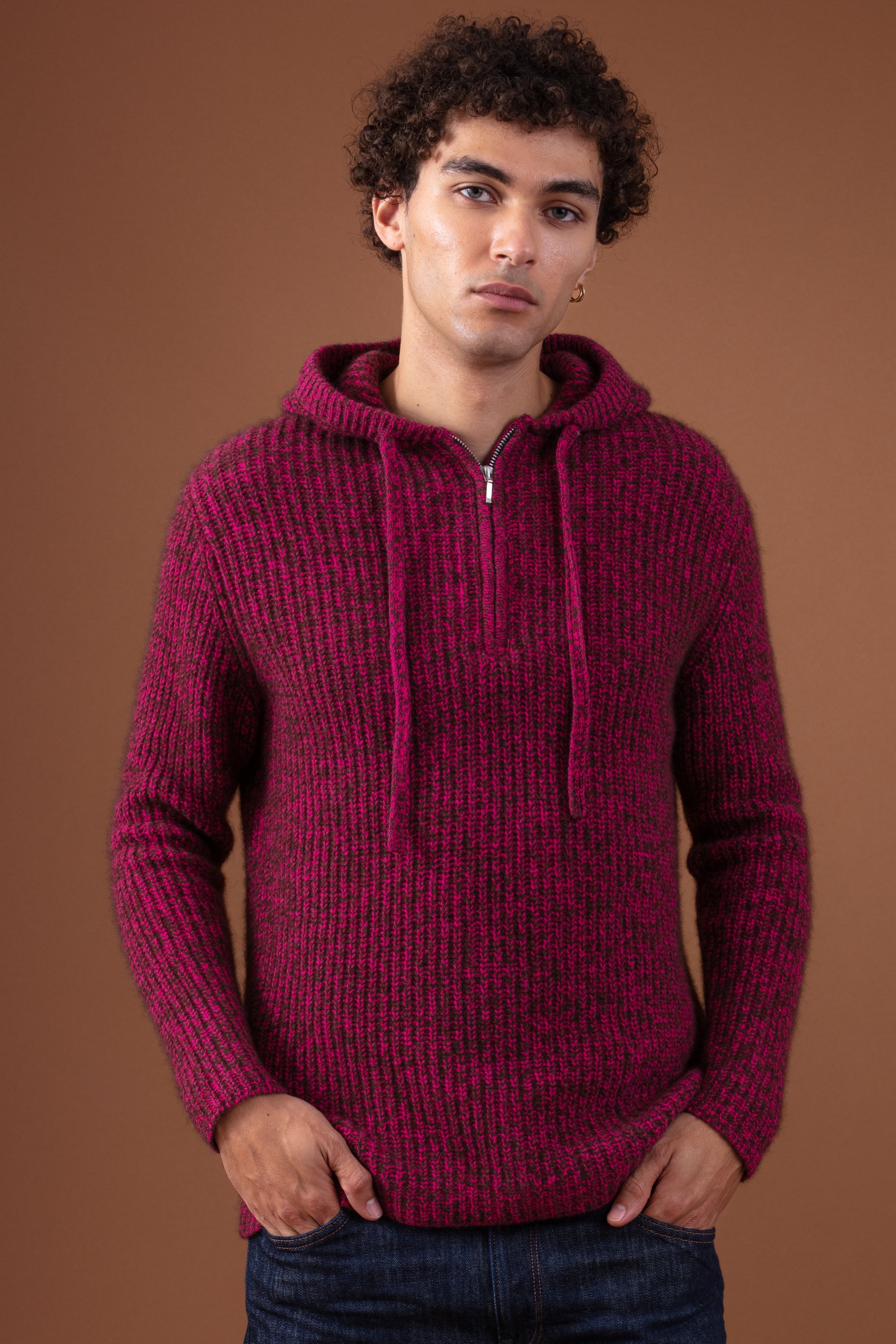 Yak jumper, 100% Yak, men, hood, zip fastening, straight cut, long sleeves, chunky / 6 ply and more, Mahogany