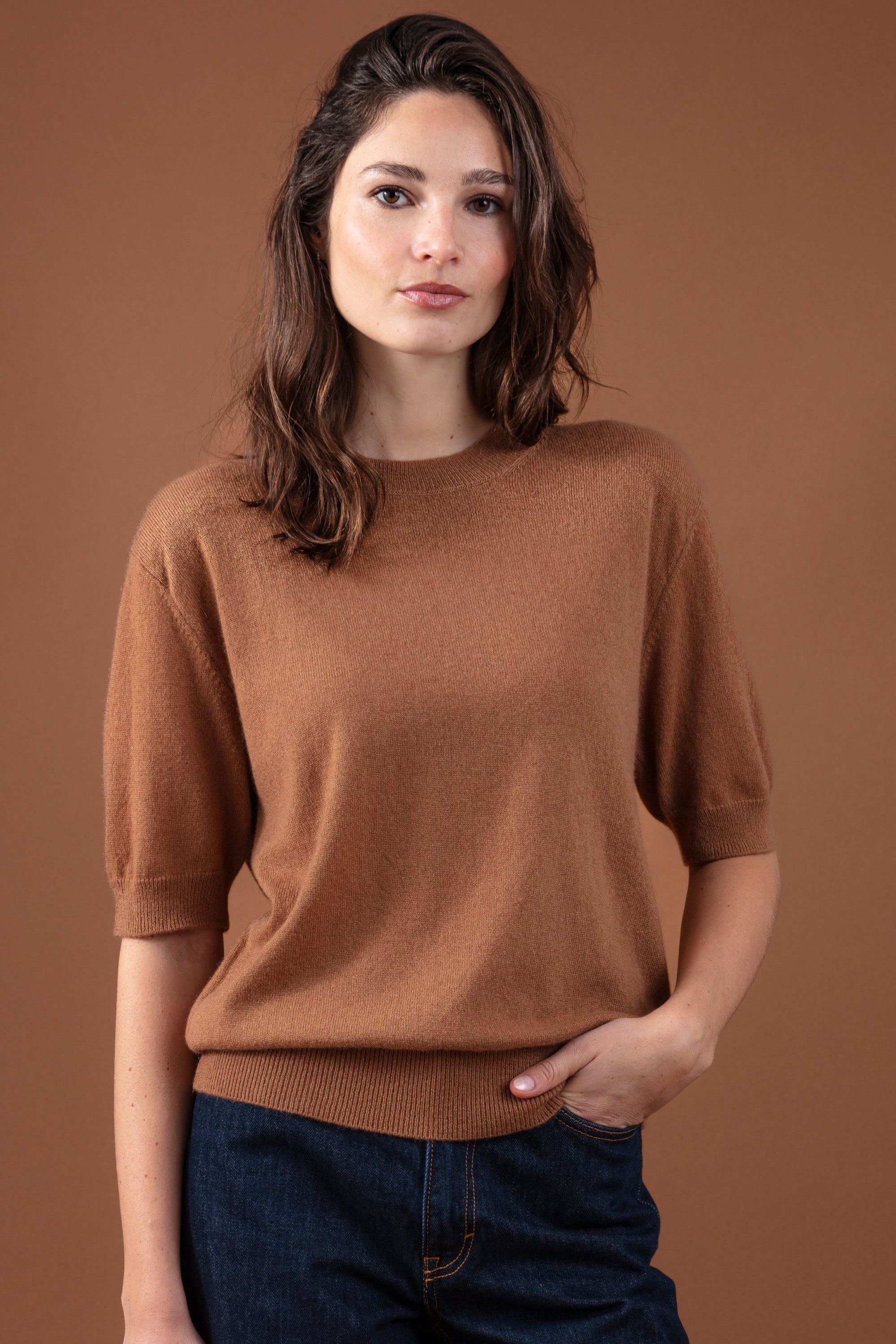 Cashmere jumper, 100% Cashmere, women, round neck, straight fit, short sleeves, fine knit, Mahogany