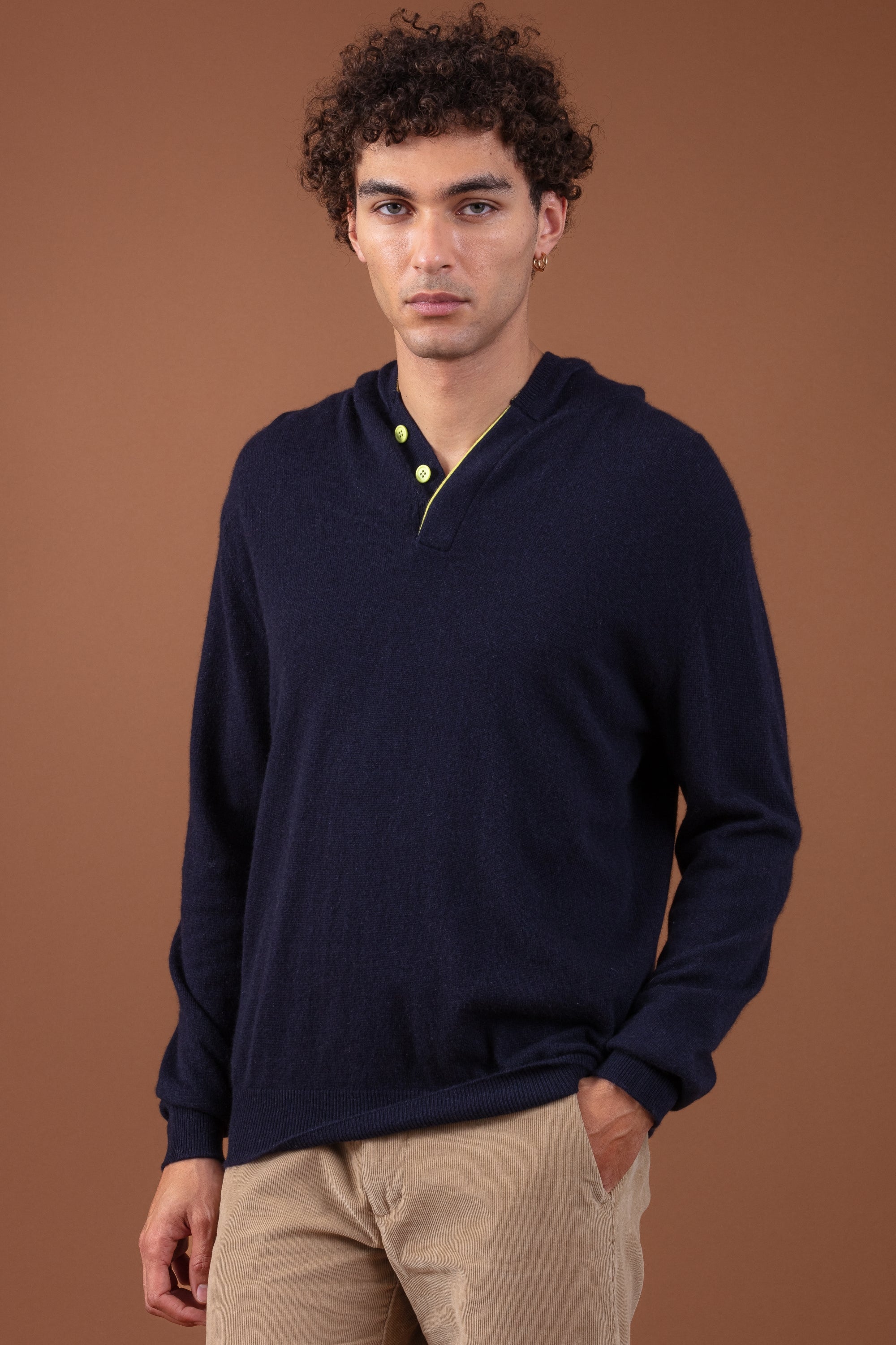 Cashmere jumper, 100% cashmere, men, hood, button fastening, straight fit, long sleeves, fine, , Mahogany