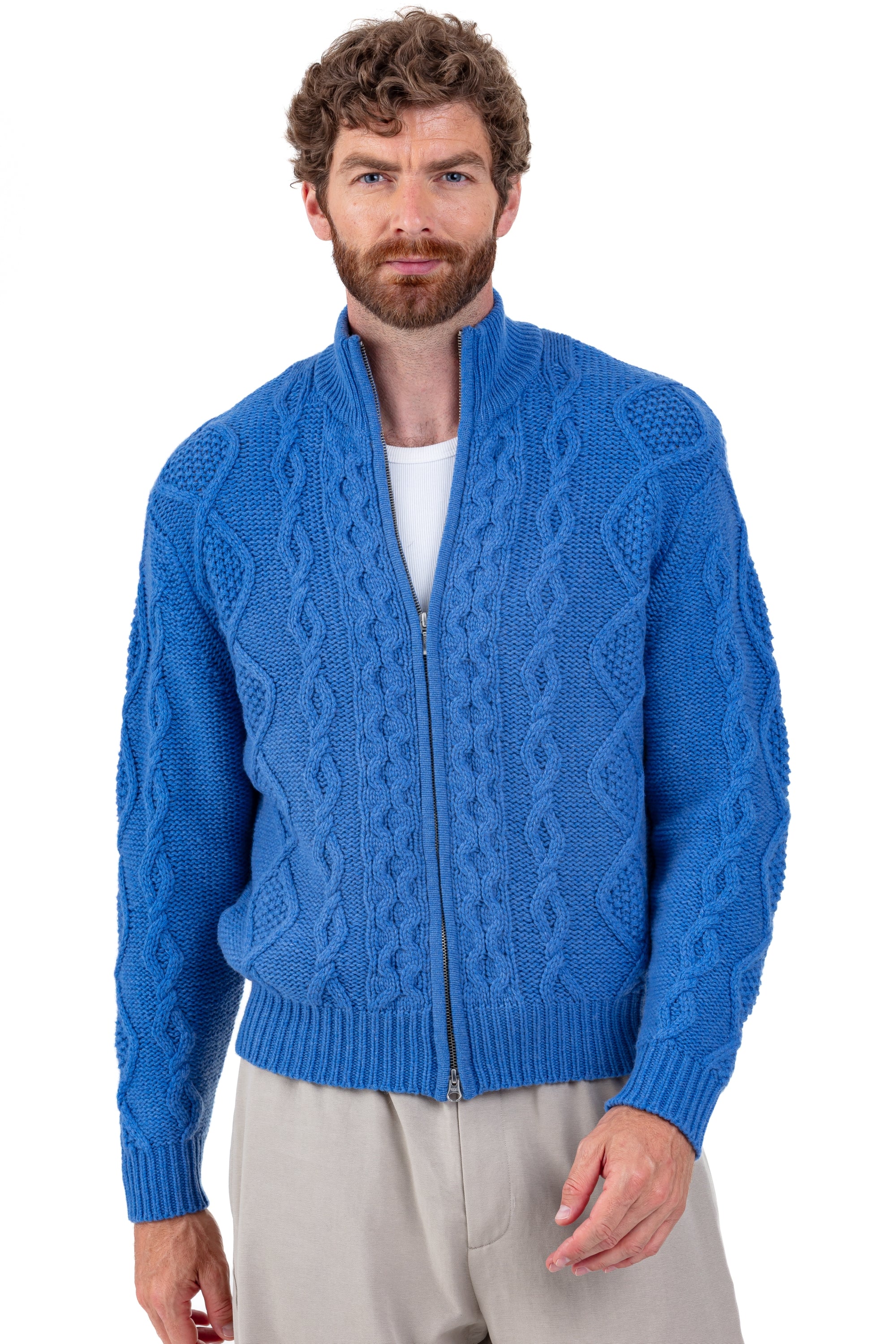 Cashmere jacket, 100% Cashmere, men, high neck / funnel neck, zip fastening, straight fit, long sleeves, chunky / 6 ply and above, cable knit, Mahogany