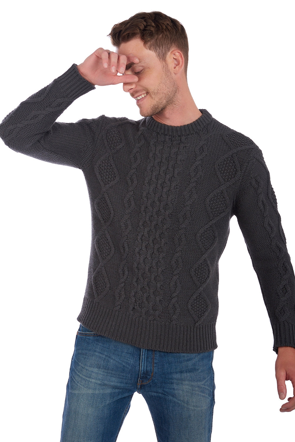 Cashmere jumper, 100% cashmere, men, crew neck, straight fit, long sleeves, chunky / 6 plies and more, cable knit, Mahogany