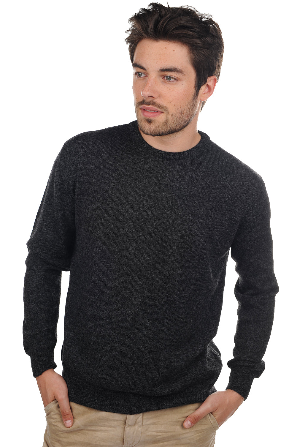 Baby alpaca jumper, 100% Baby Alpaca, men, round neck, straight cut, long sleeves, fine knit, Mahogany