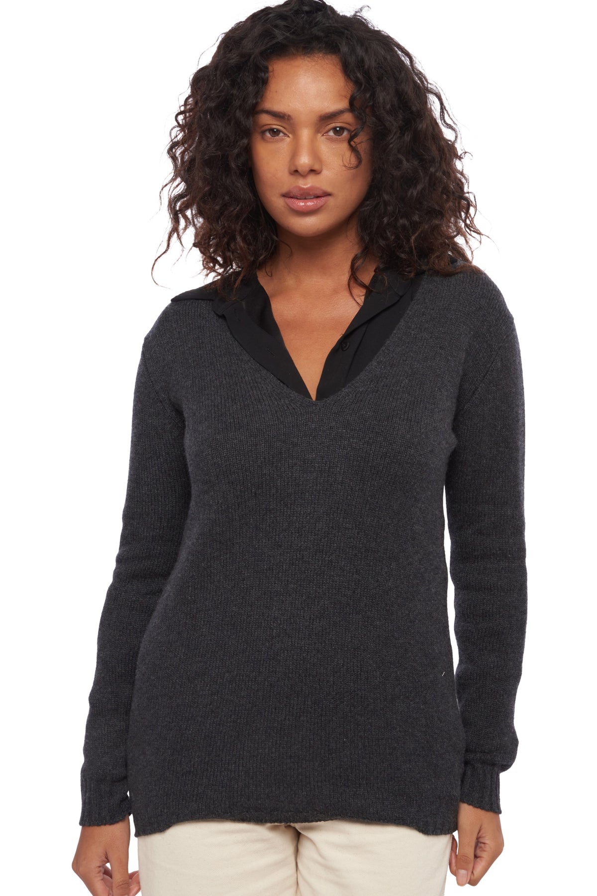 Cashmere jumper, 100% cashmere, women's, V-neck, straight cut, long sleeves, chunky / 6 plies and more, standard knit, Mahogany