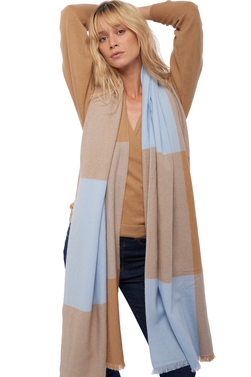 Cashmere accessories scarves mufflers verona ciel camel 225 x 75 cm