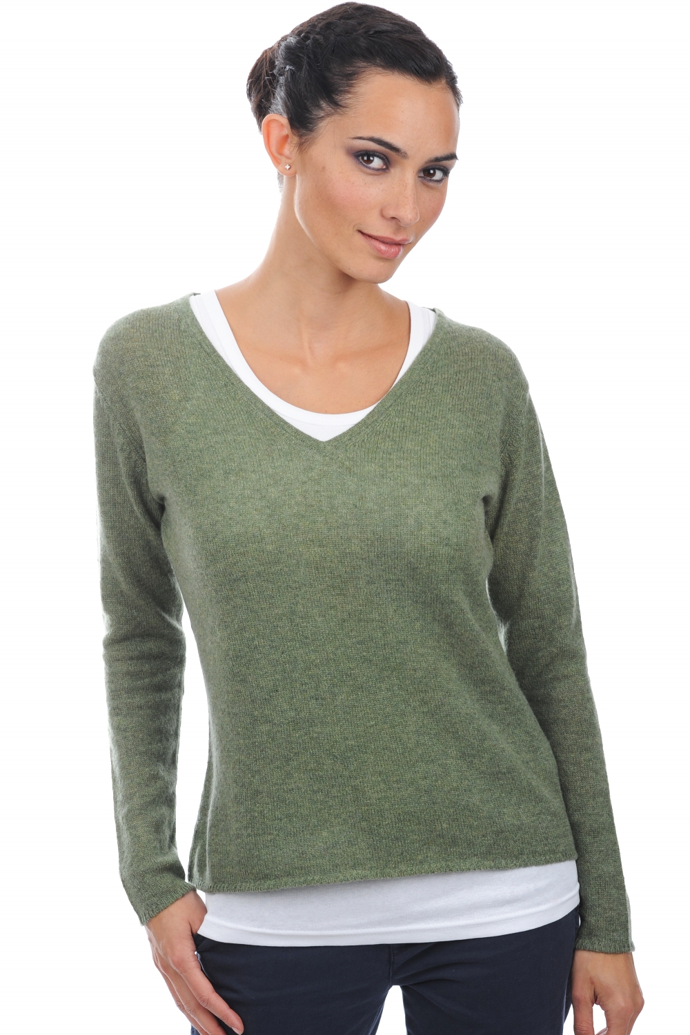 Cashmere ladies basic sweaters at low prices flavie olive chine m