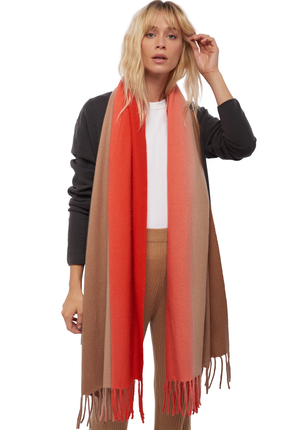 Cashmere ladies scarves mufflers vaasa bloody orange camel chine 200 x 70 cm