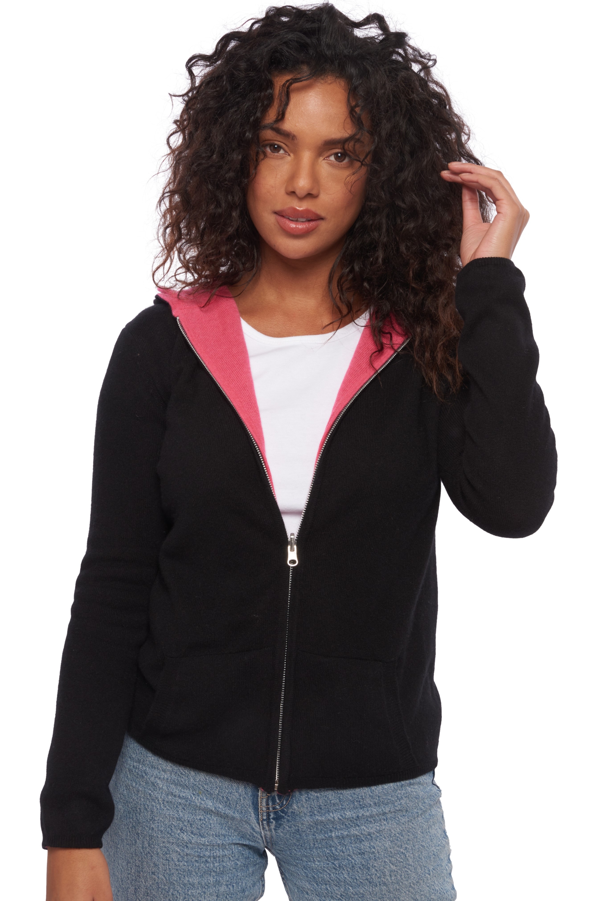 Cashmere ladies zip hood wiwi black shocking pink 3xl