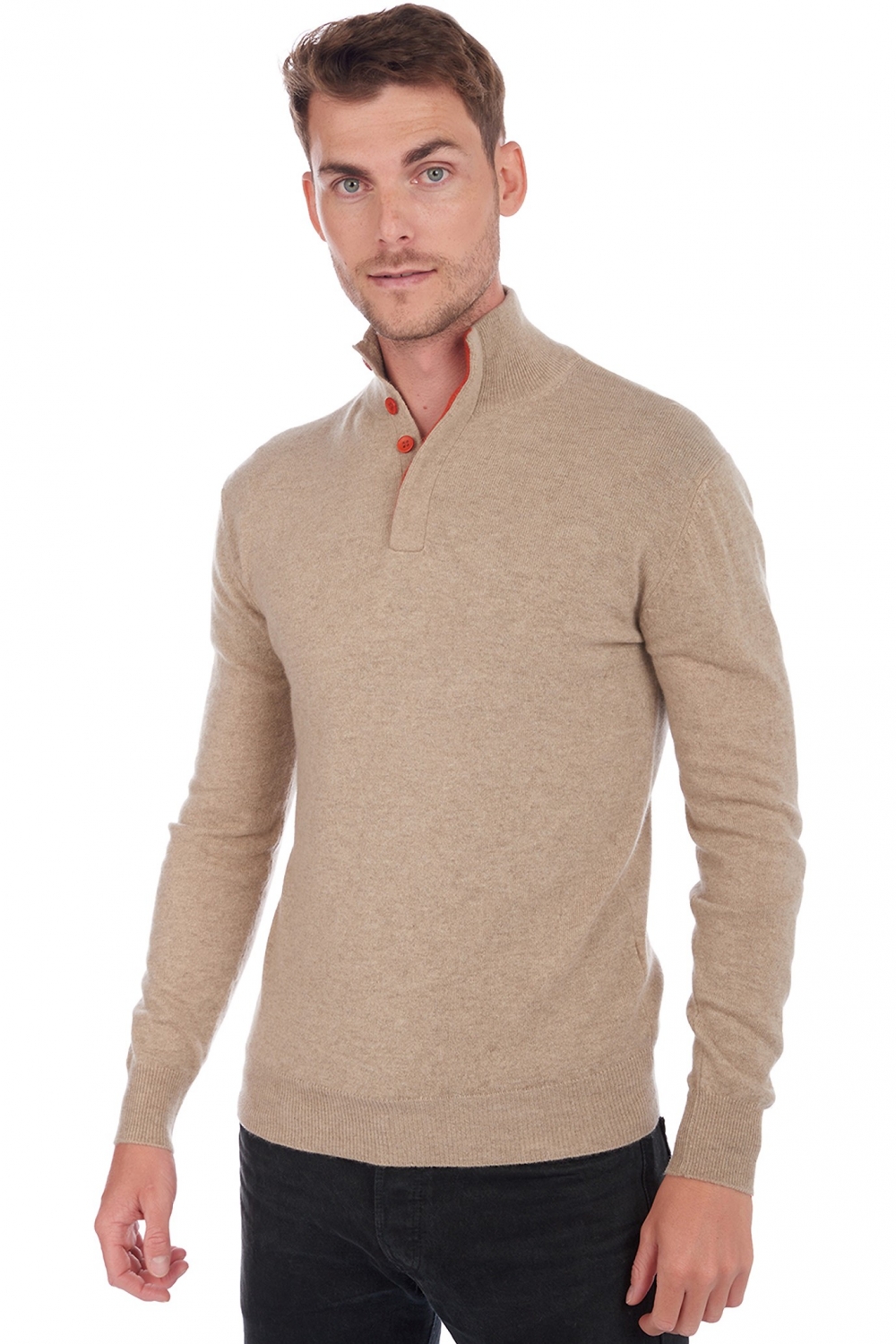Cashmere men polo style sweaters gauvain natural brown paprika 2xl