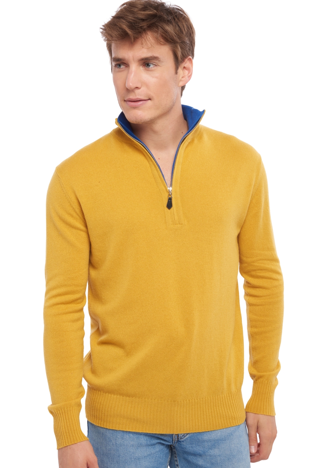 Cashmere men polo style sweaters henri mustard lapis blue l
