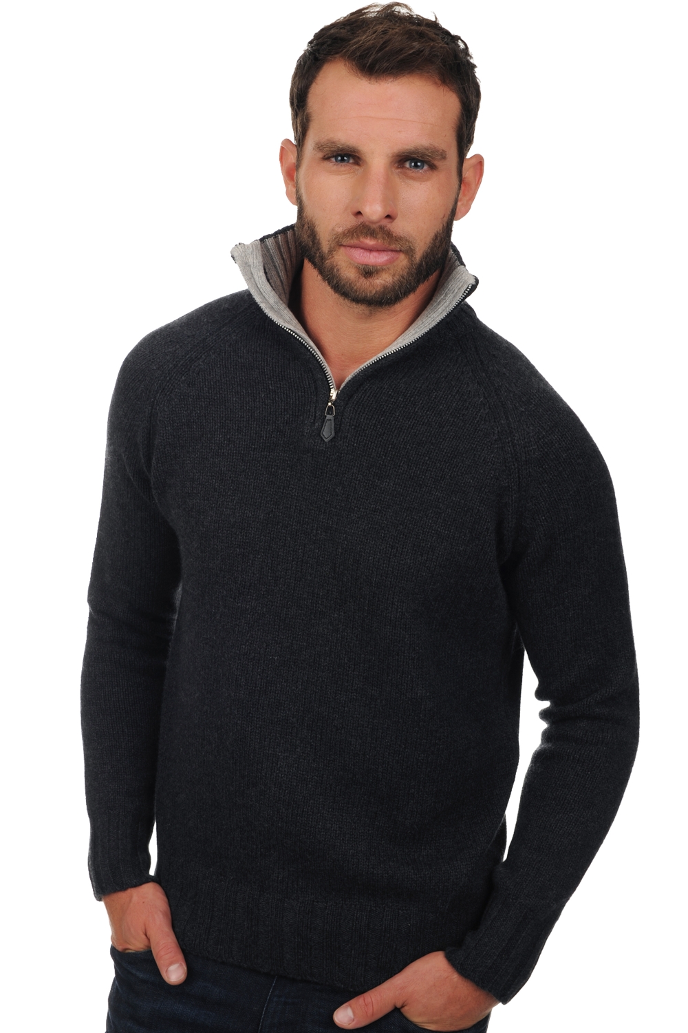 Cashmere men polo style sweaters olivier charcoal marl flanelle chine l
