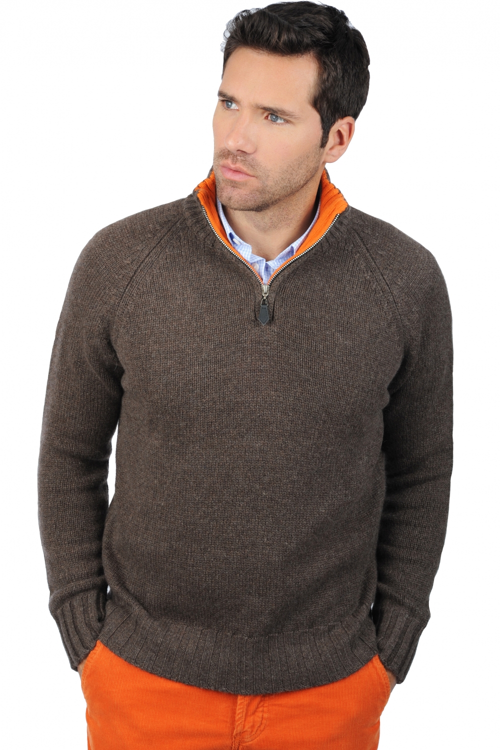 Cashmere men polo style sweaters olivier marron chine orange l