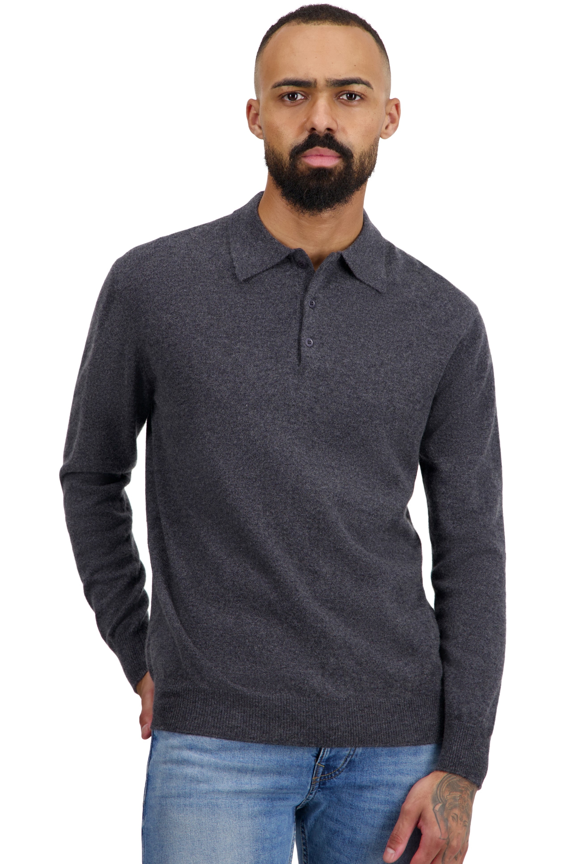 Cashmere men polo style sweaters tarn first charcoal marl 2xl
