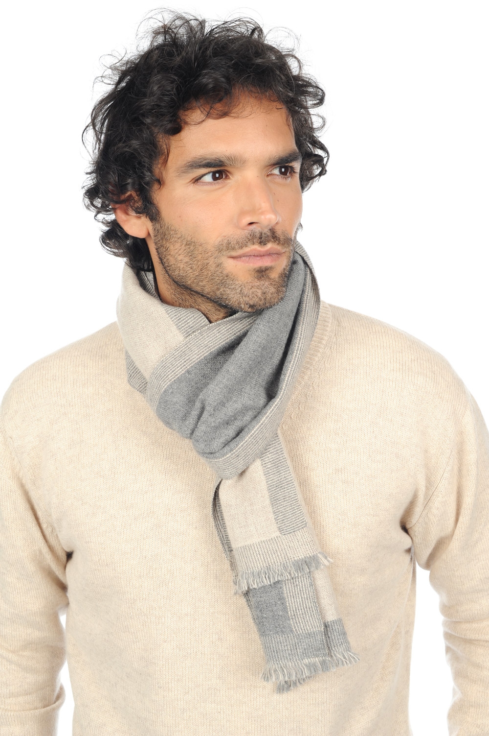 Cashmere men scarves mufflers tonnerre grey marl vintage beige chine 180 x 24 cm