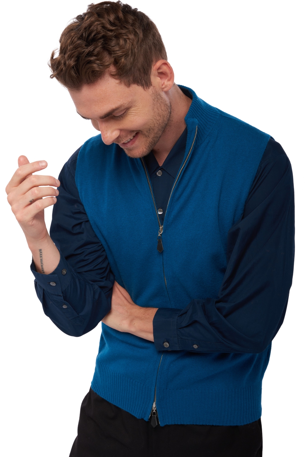 Cashmere men waistcoat sleeveless sweaters dali canard blue xl
